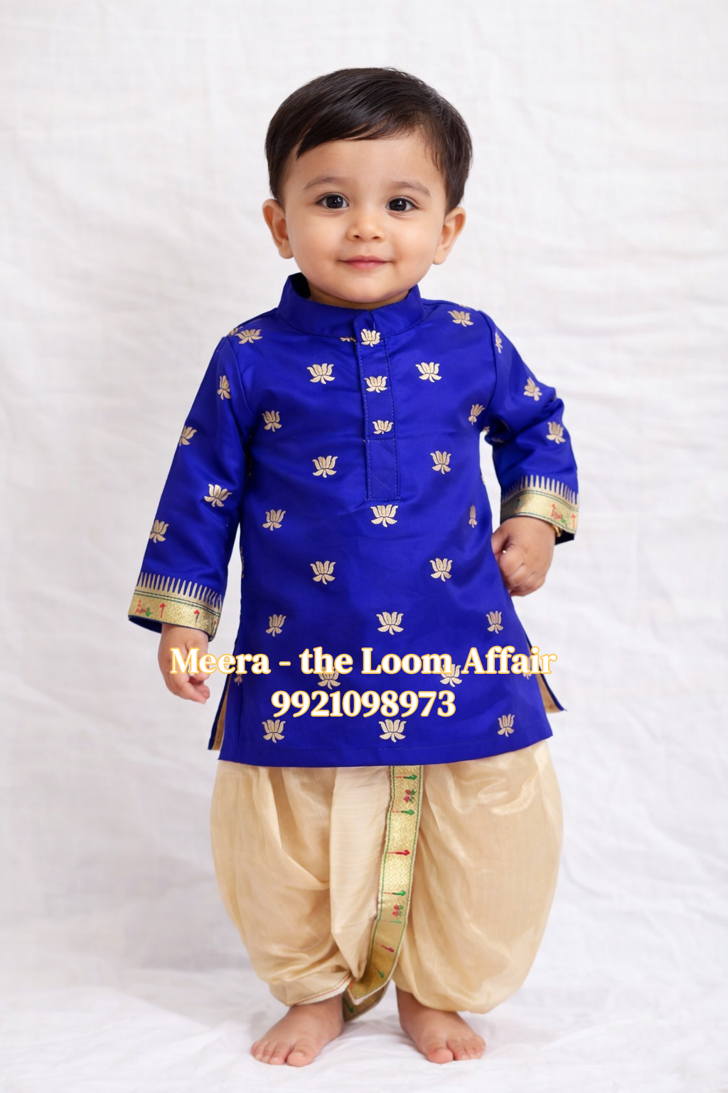 Royal Blue Lotus Butta Kurta with Gold Dhoti