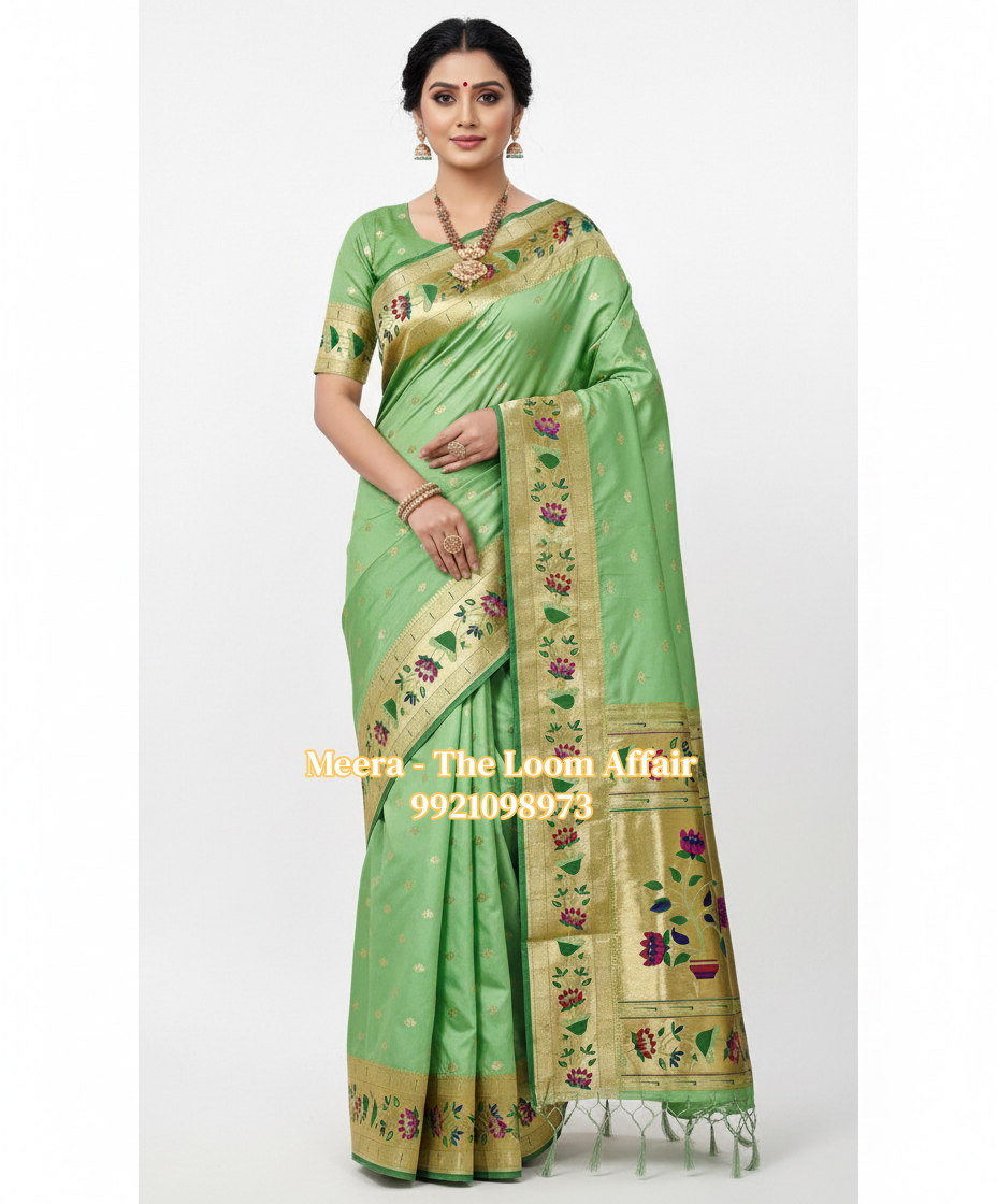 Pista Green Lotus Border Flower Butti Paithani