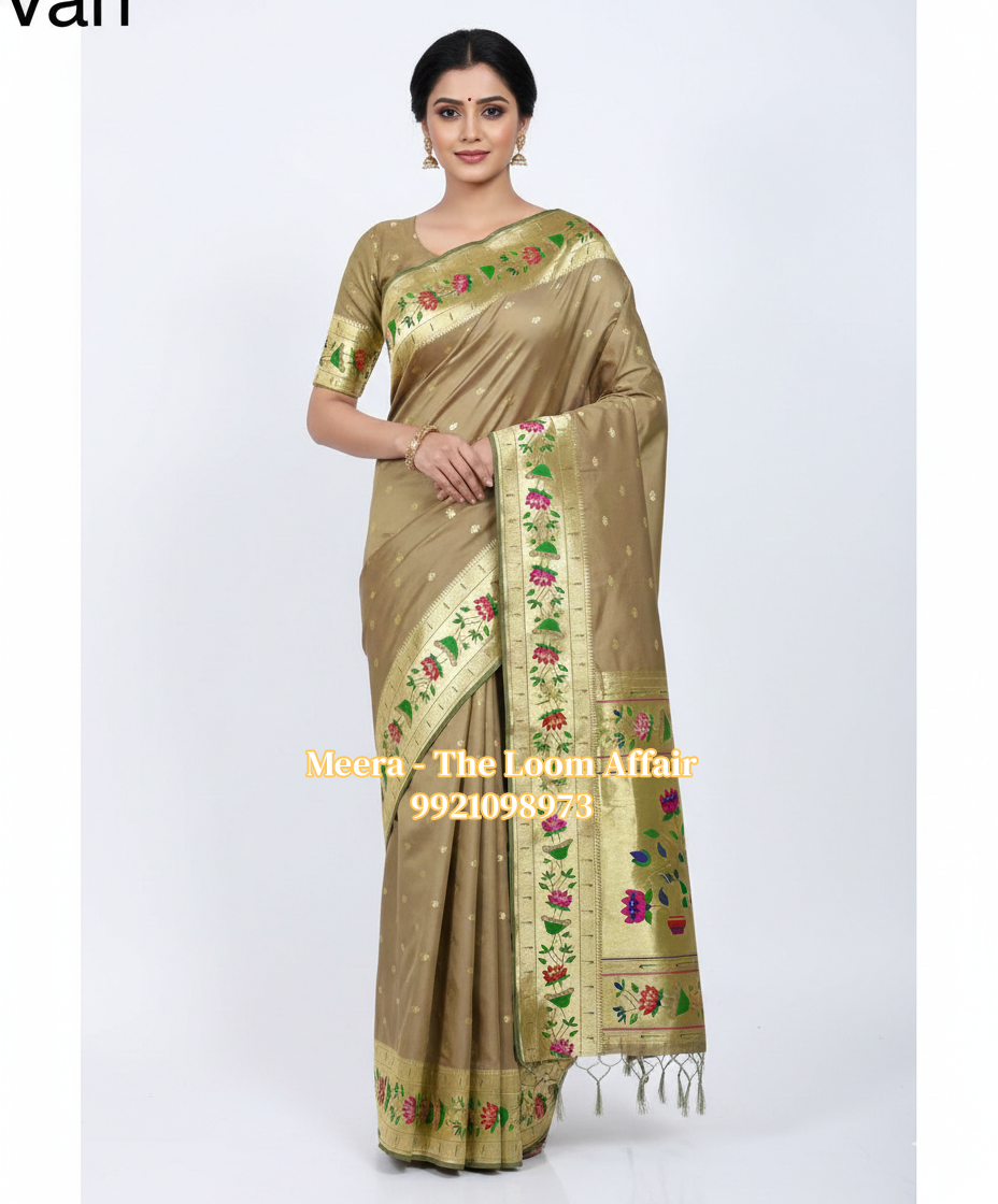 Dual Tone Brown ( Anjiri Shade ) Lotus Border Flower Butti Paithani