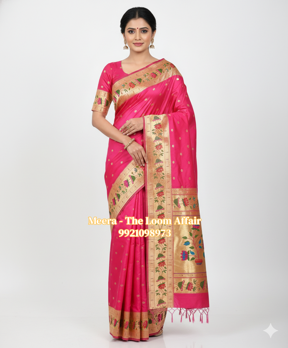 Pink Lotus Border Flower Butti Paithani