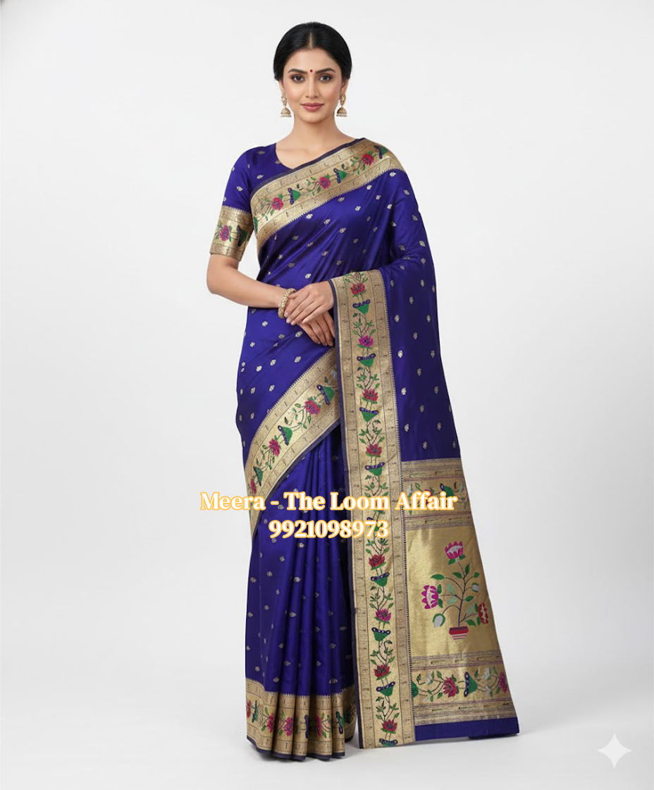 Blue Lotus Border Flower Butti Paithani