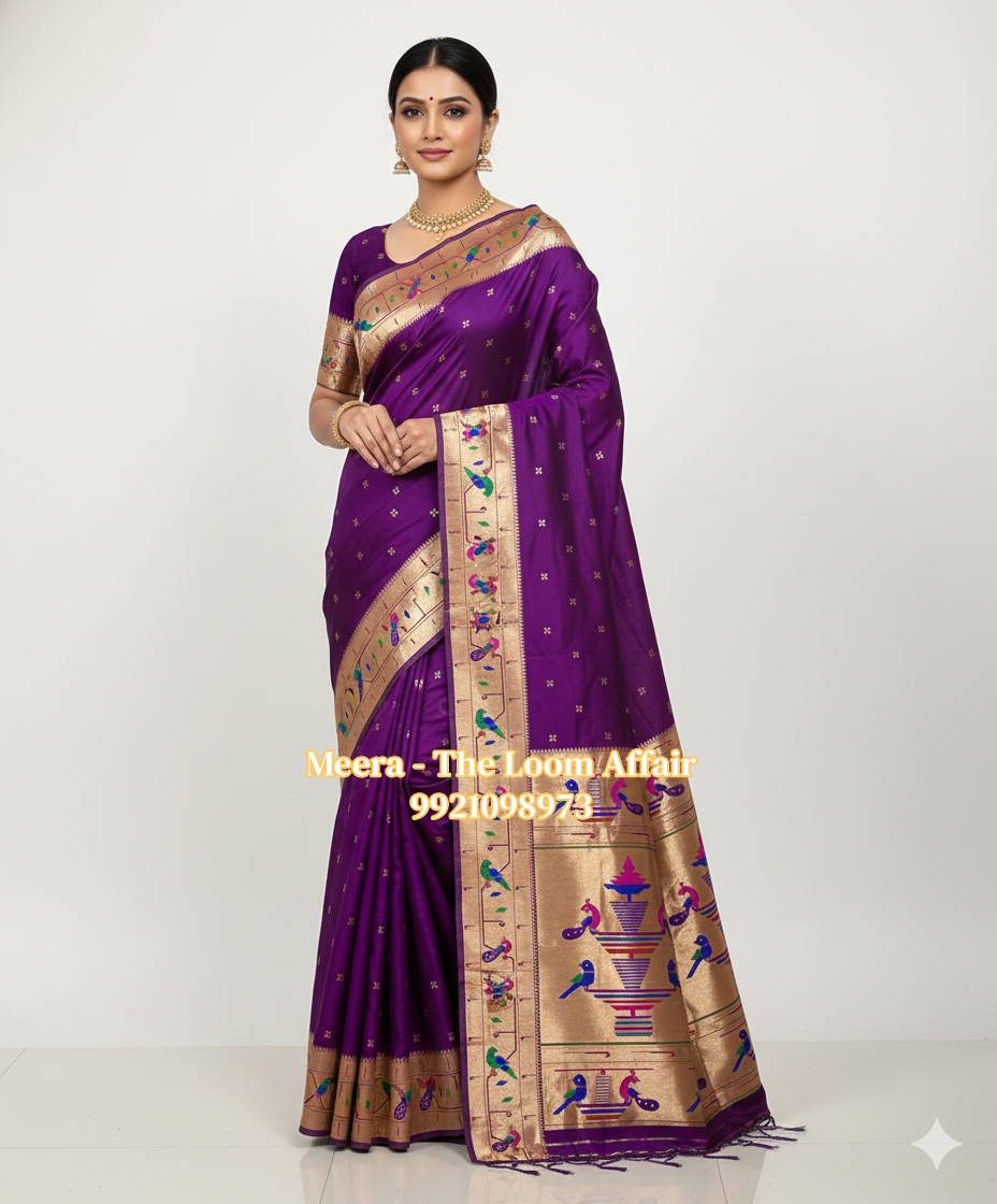 Purple Mor Popat Border Flower Butti Paithani