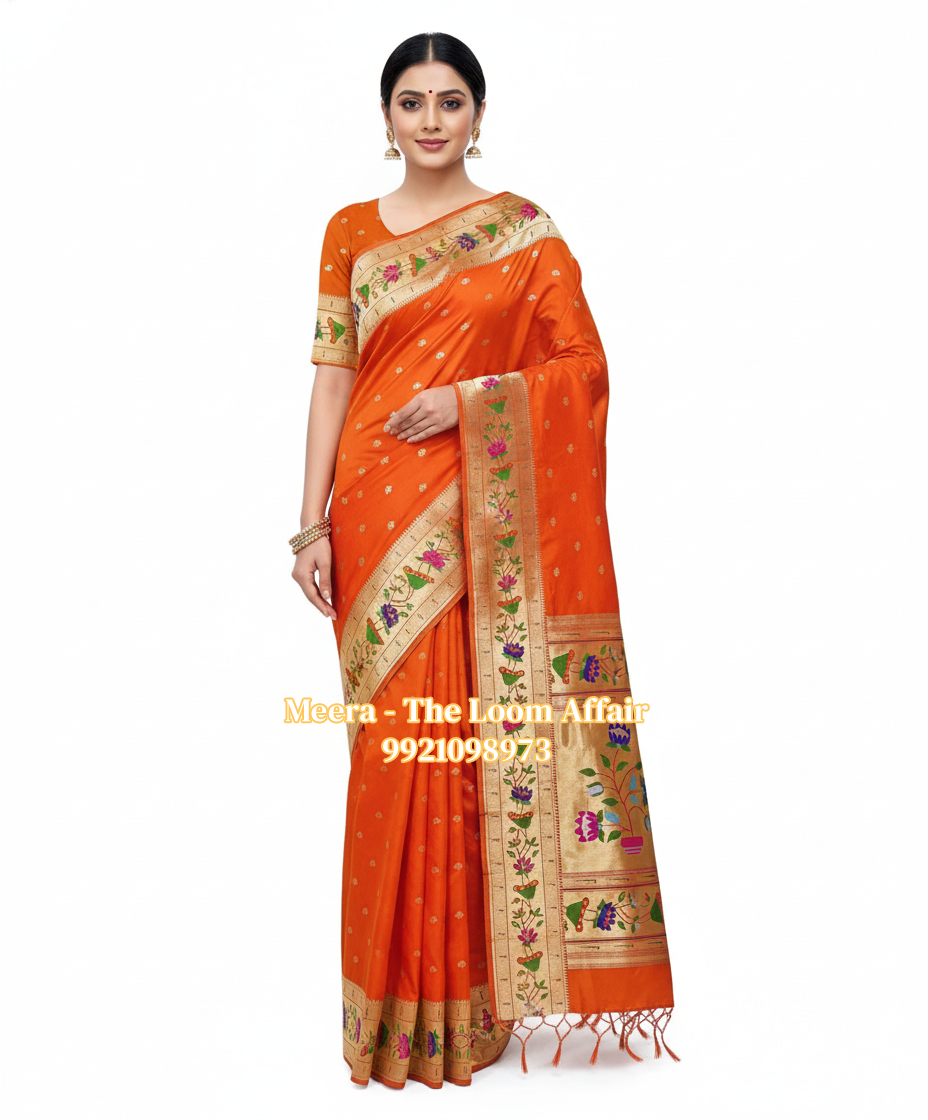 Orange Lotus Border Flower Butti Paithani