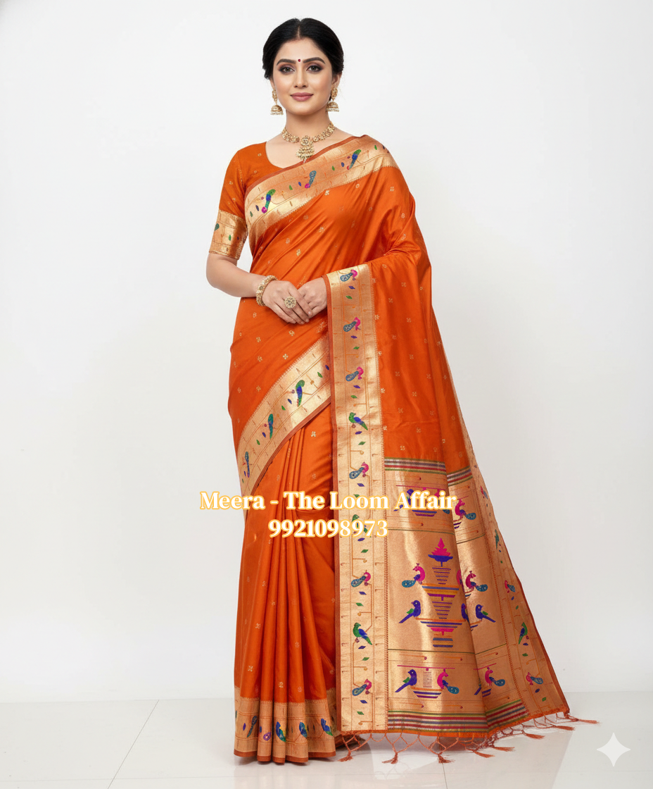 Orange Mor Popat Border Flower Butti Paithani