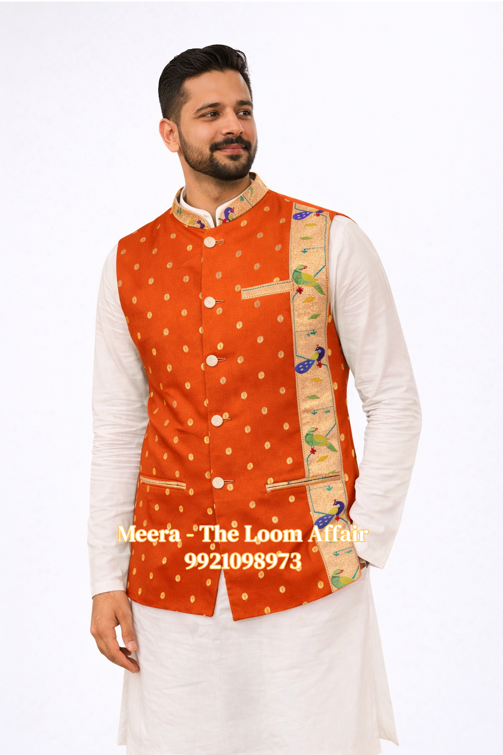 Orange MorPopat Border Paithani Jacket Gents