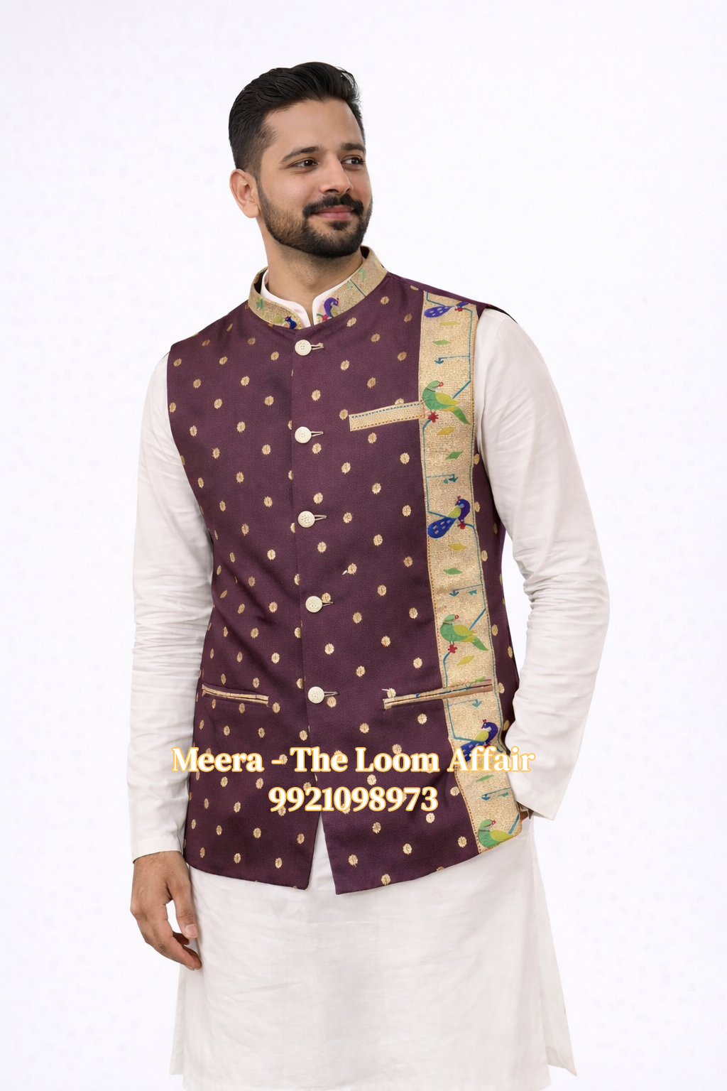 Brown MorPopat Border Paithani Jacket Gents