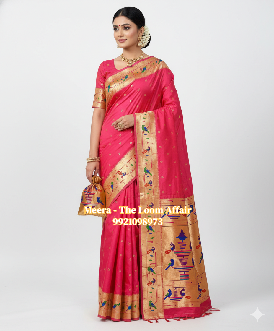 Dual Tone Pink  Mor Popat Border Flower Butti Paithani
