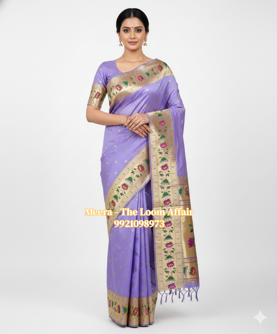 Lavender Lotus Border Flower Butti Paithani