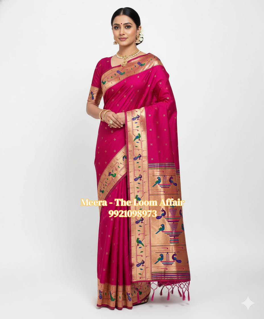 Rani Pink Mor Popat Border Flower Butti Paithani