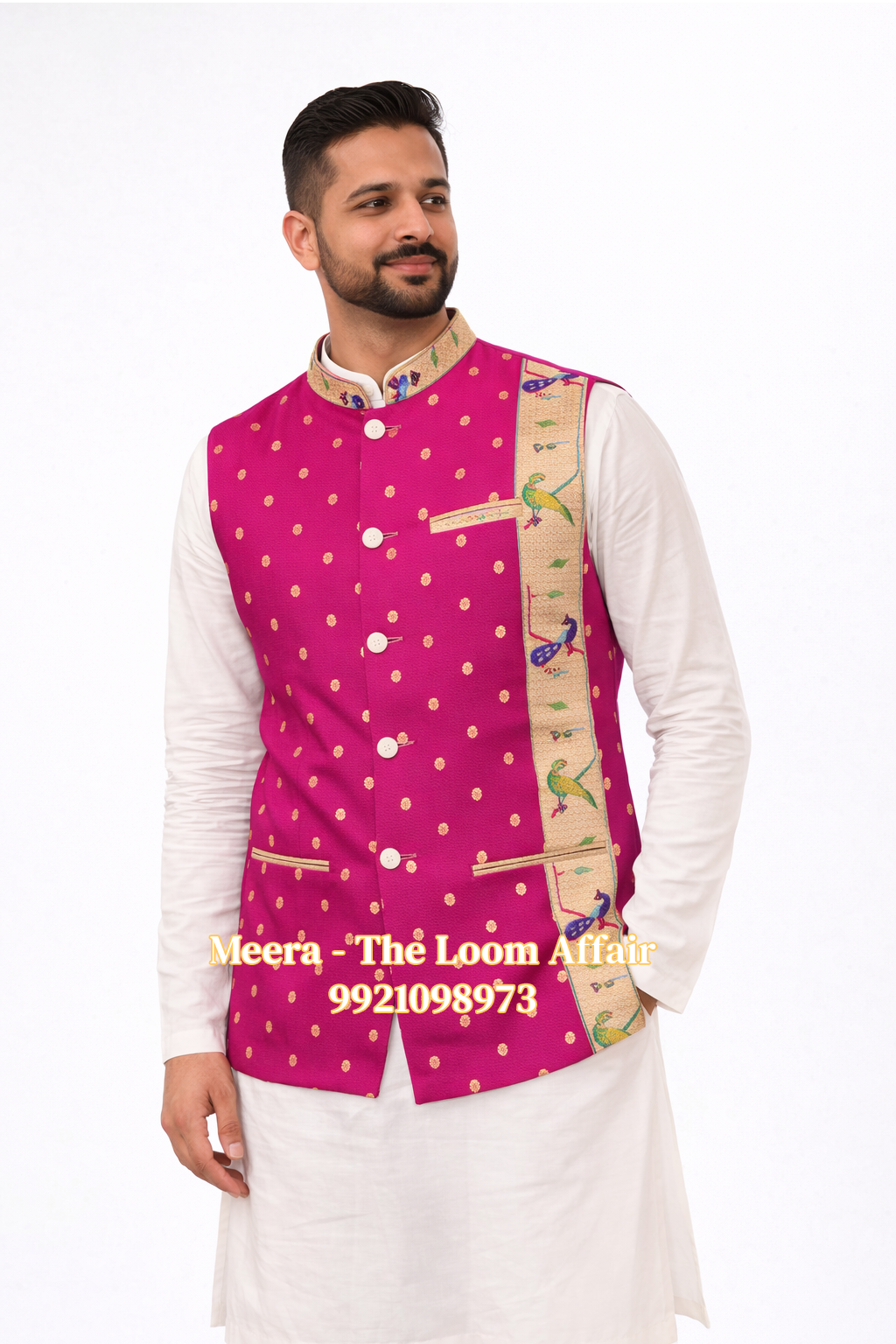 Rani Pink MorPopat Border Paithani Jacket Gents