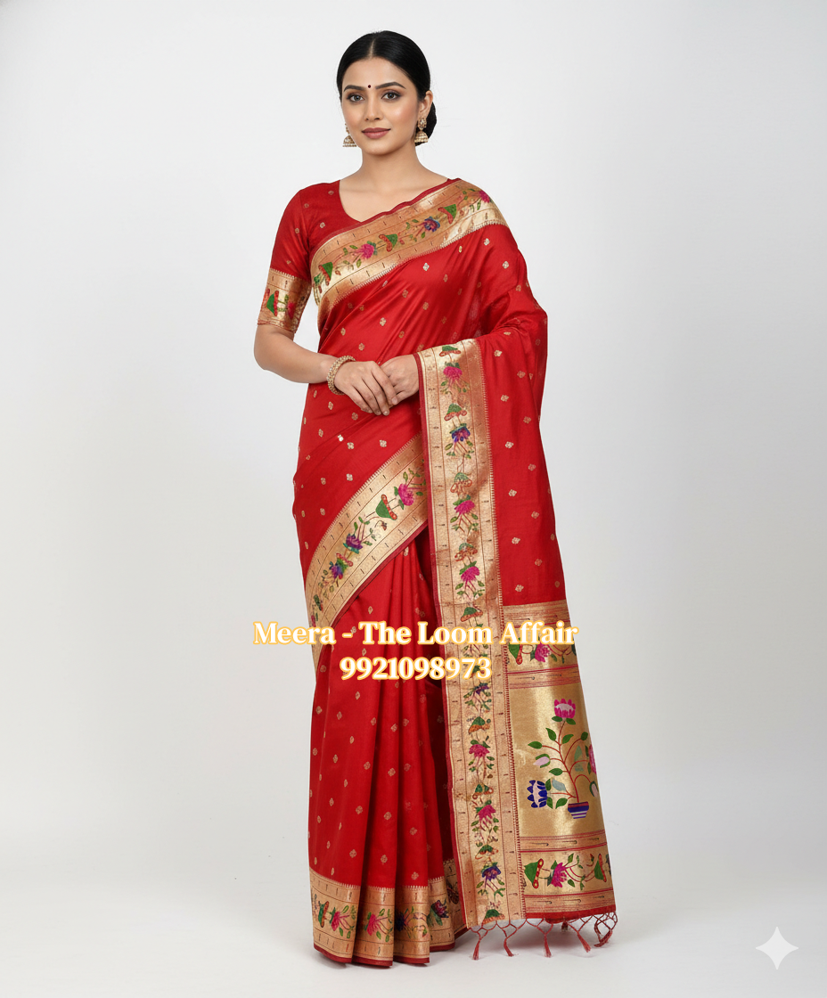 Red Lotus Border Flower Butti Paithani