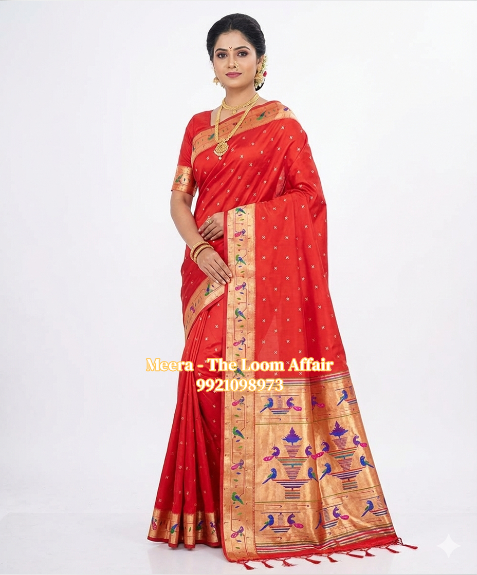 Red Mor Popat Border Flower Butti Paithani