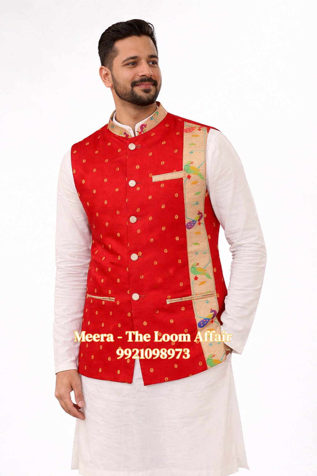 Red MorPopat Border Paithani Jacket Gents