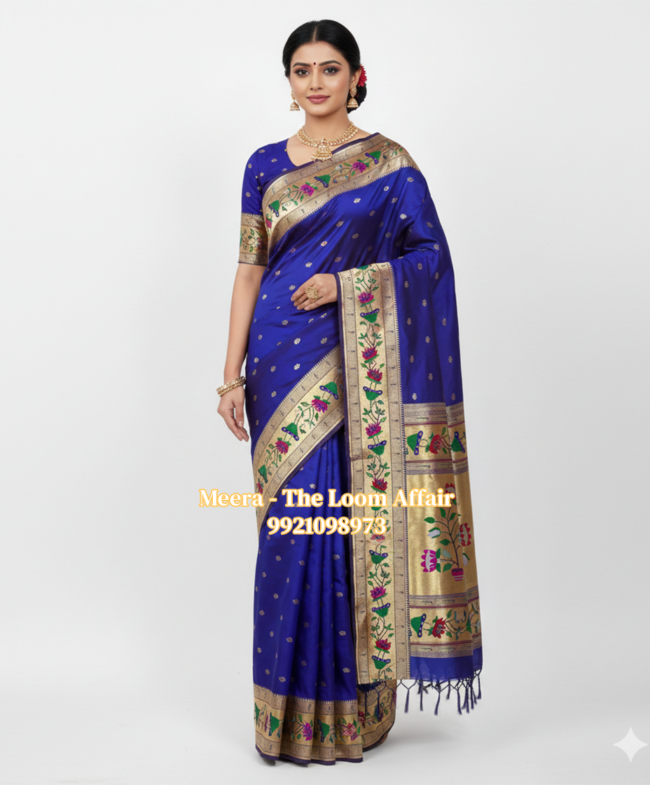 Royal Blue Lotus Border Flower Butti Paithani