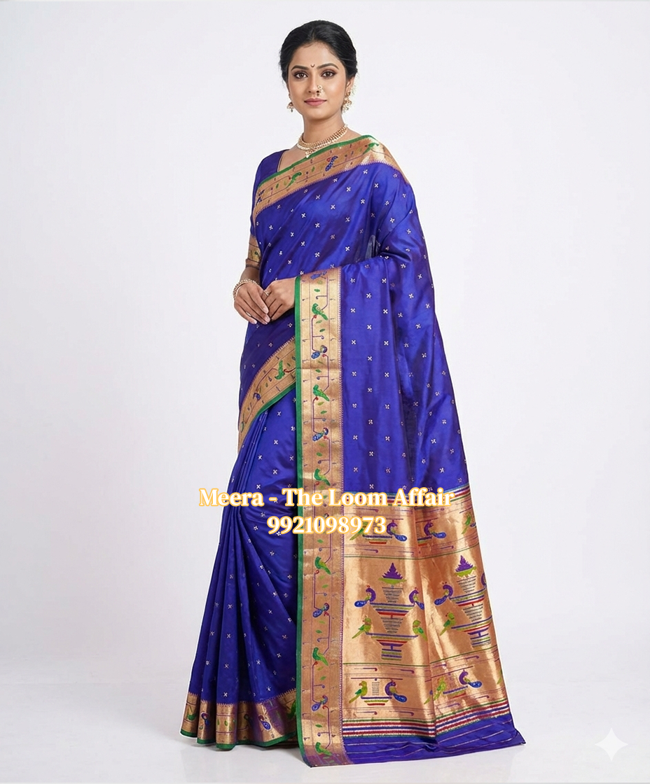 Royal Blue Mor Popat Border Flower Butti Paithani