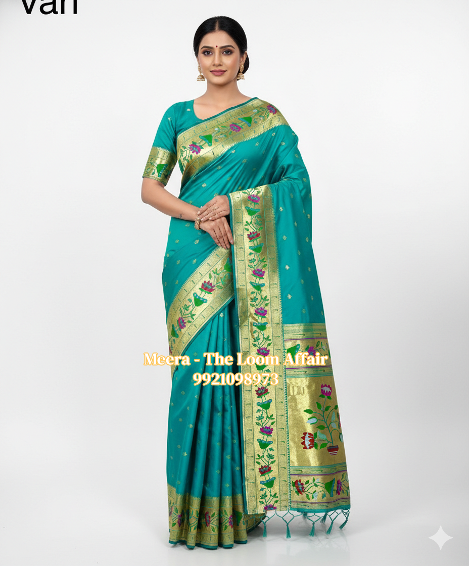 Sea Green Lotus Border Flower Butti Paithani