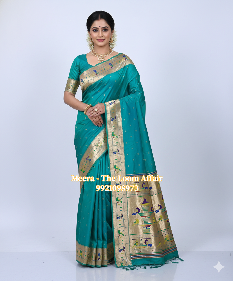 Sea Green Mor Popat Border Flower Butti Paithani