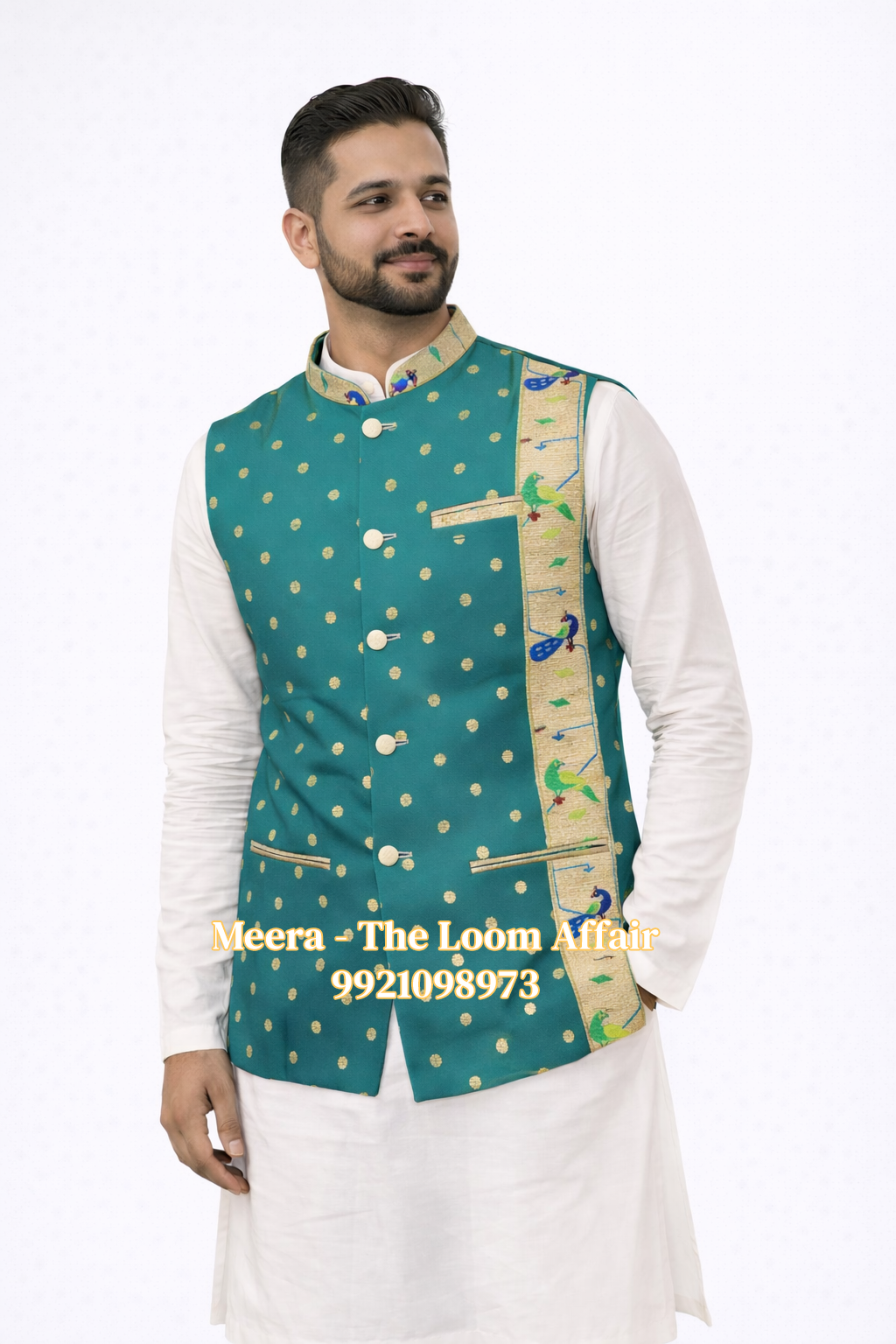 Sea Green MorPopat Border Paithani Jacket Gents