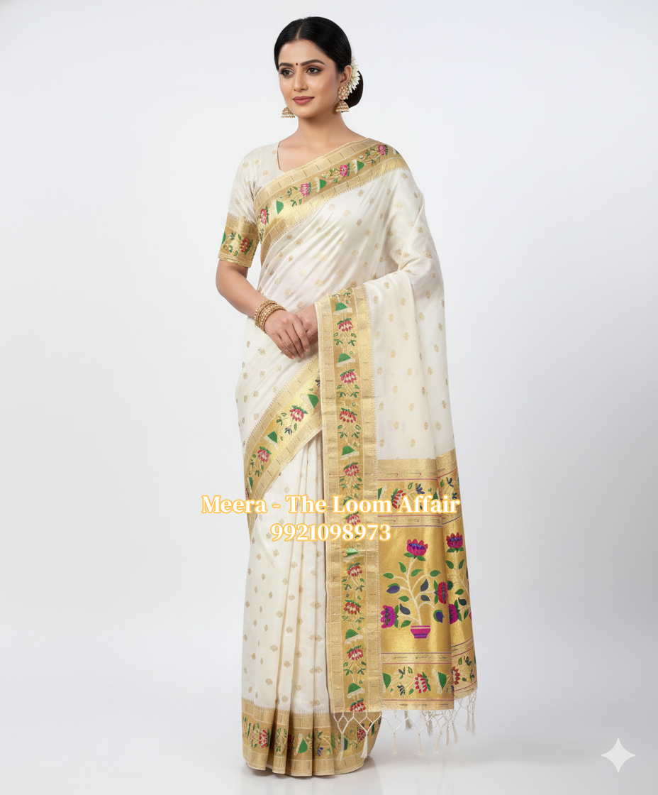 White Lotus Border Flower Butti Paithani