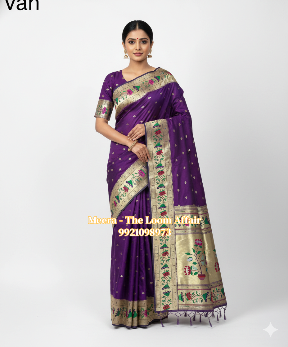 Wine Lotus Border Flower Butti Paithani