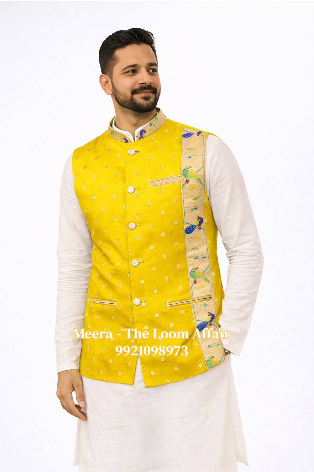 Yellow MorPopat Border Paithani Jacket Gents