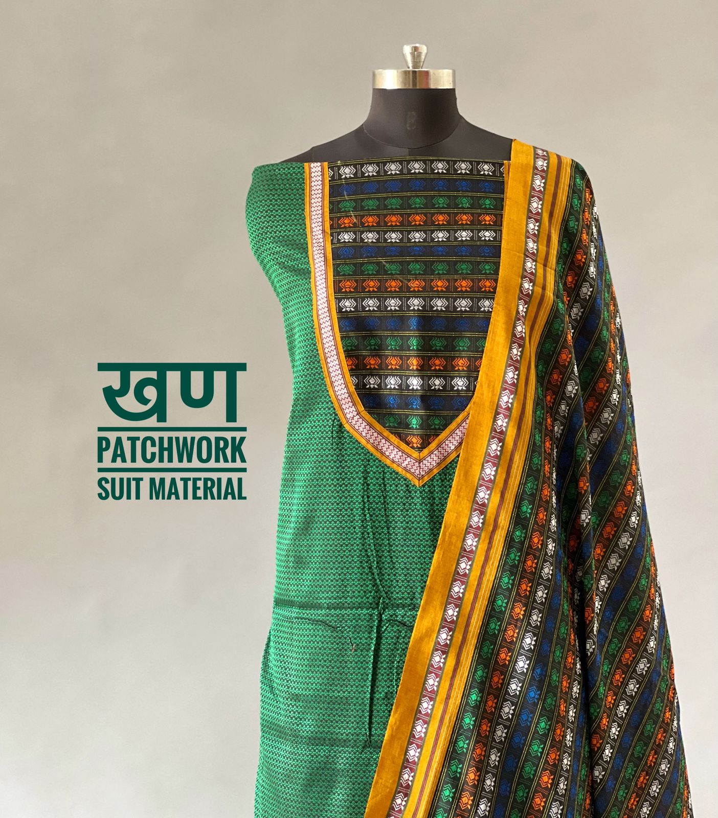 Green with lotus patchwork suit(unstitched) | Matching Lotus Dupatta