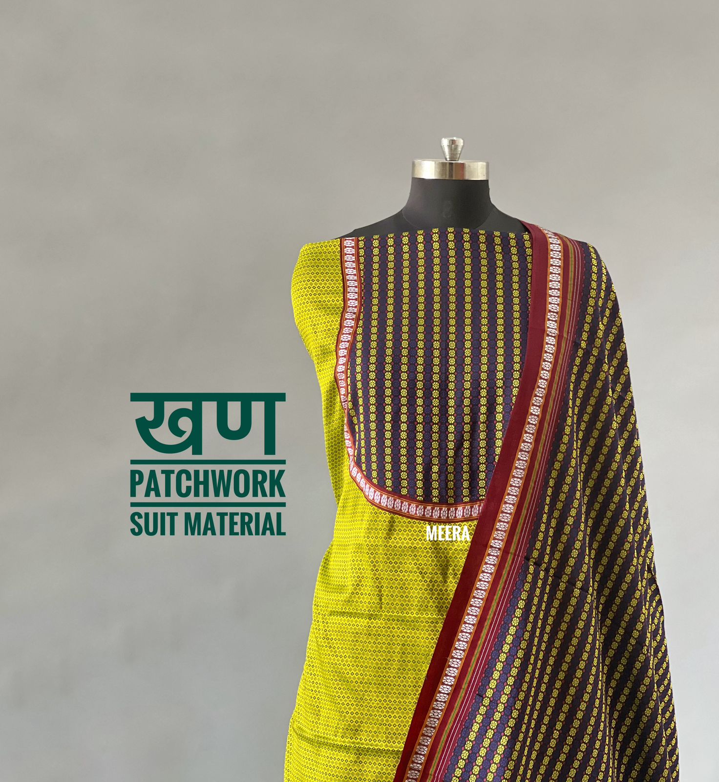 Parrot green with patchwork Suit (unstitched) | Matching Dupatta