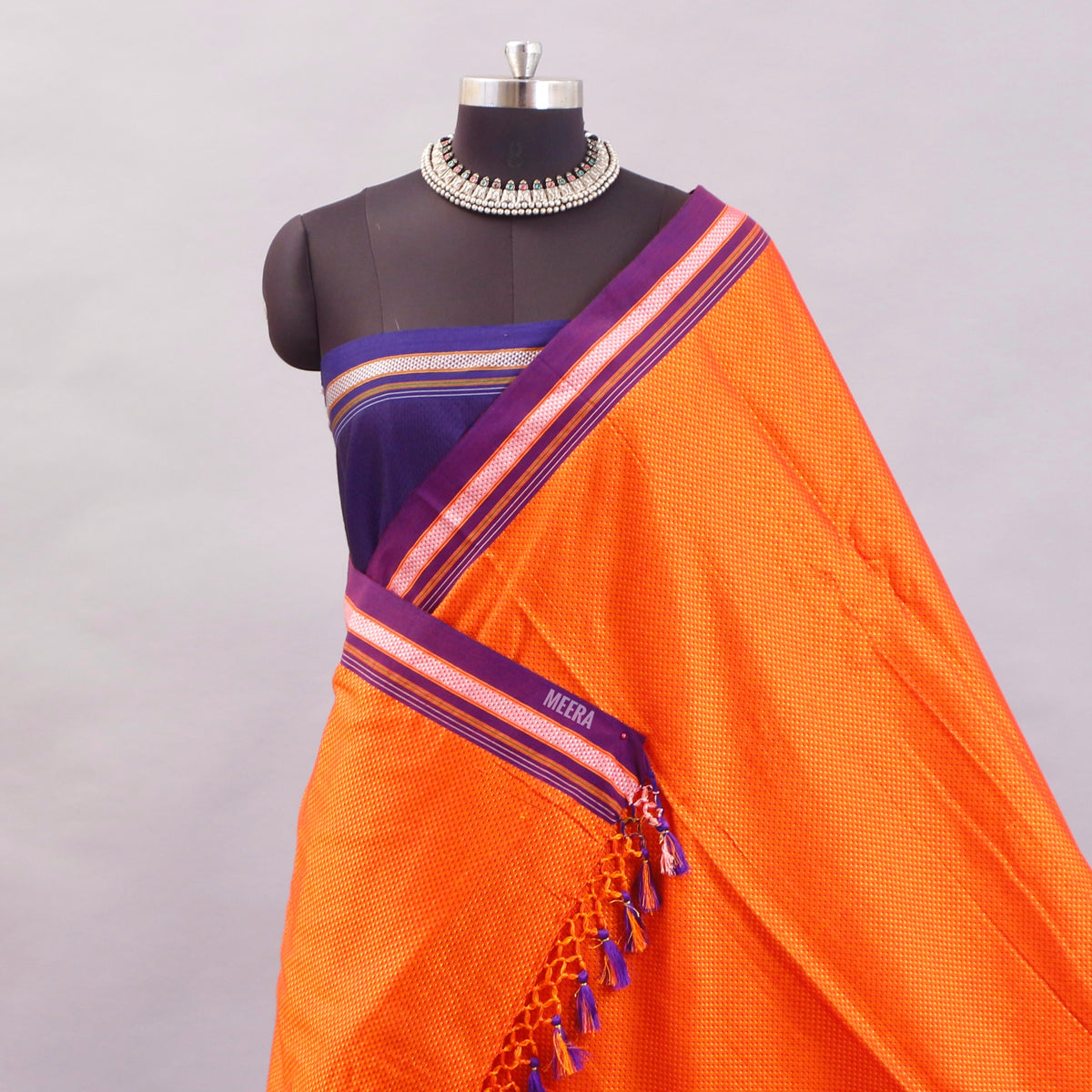 Running Pallu Khunn Saree Orange Purple