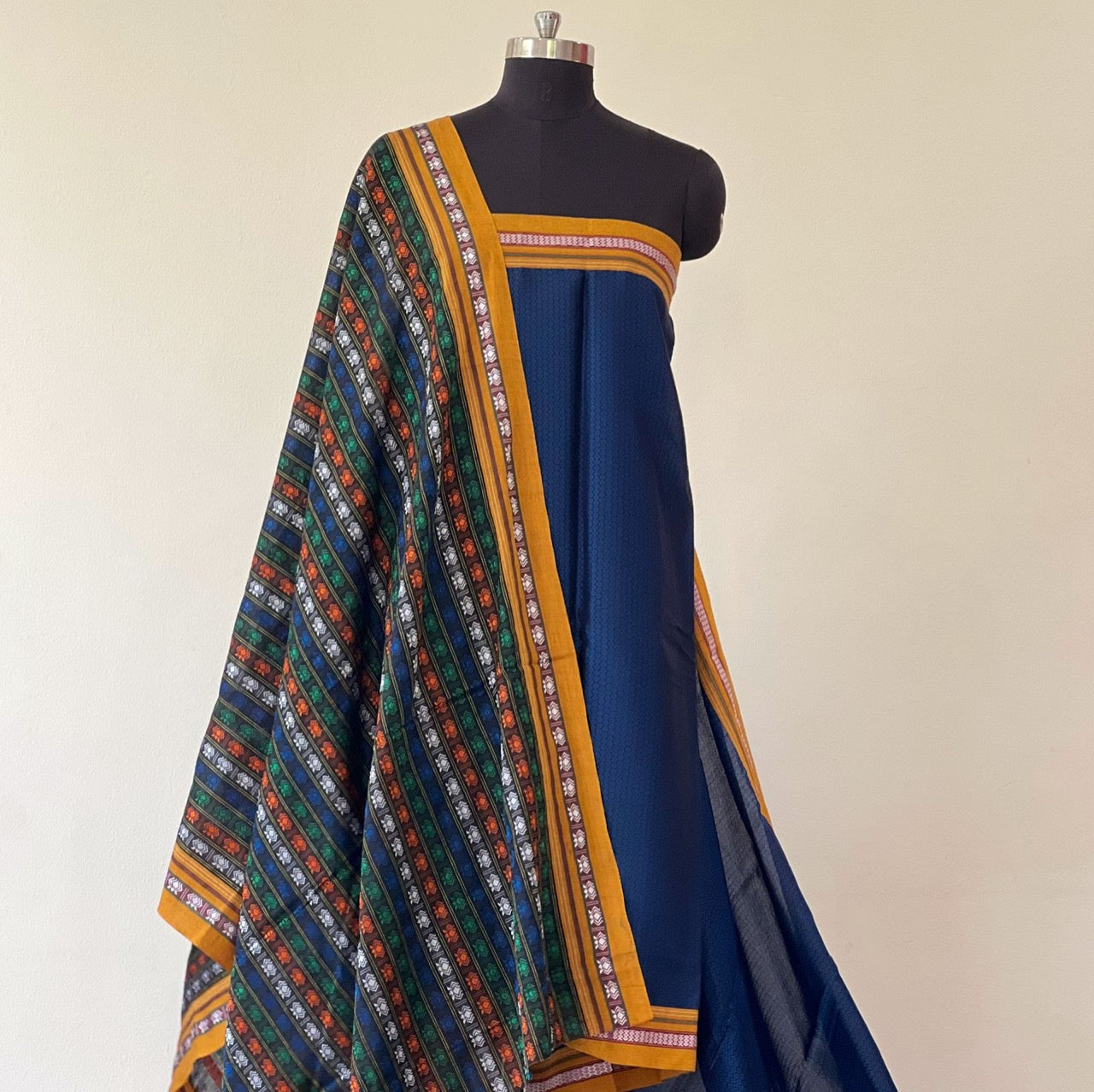 Blue with yellow border suit | Matching Multicolor dupatta