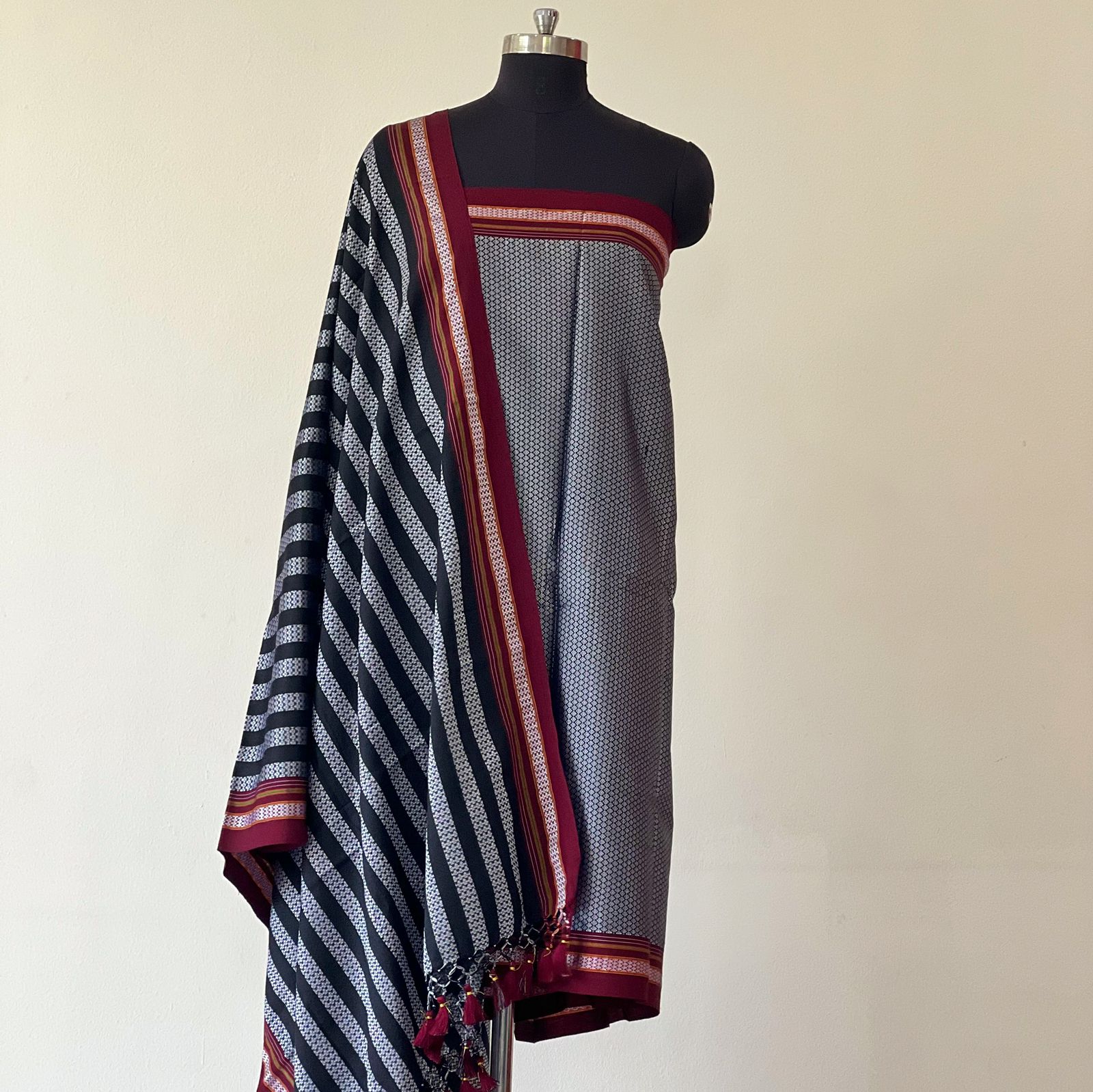 Grey with Maroon Border Suit (Unstitched) | Grey Black Stripped Dupatta