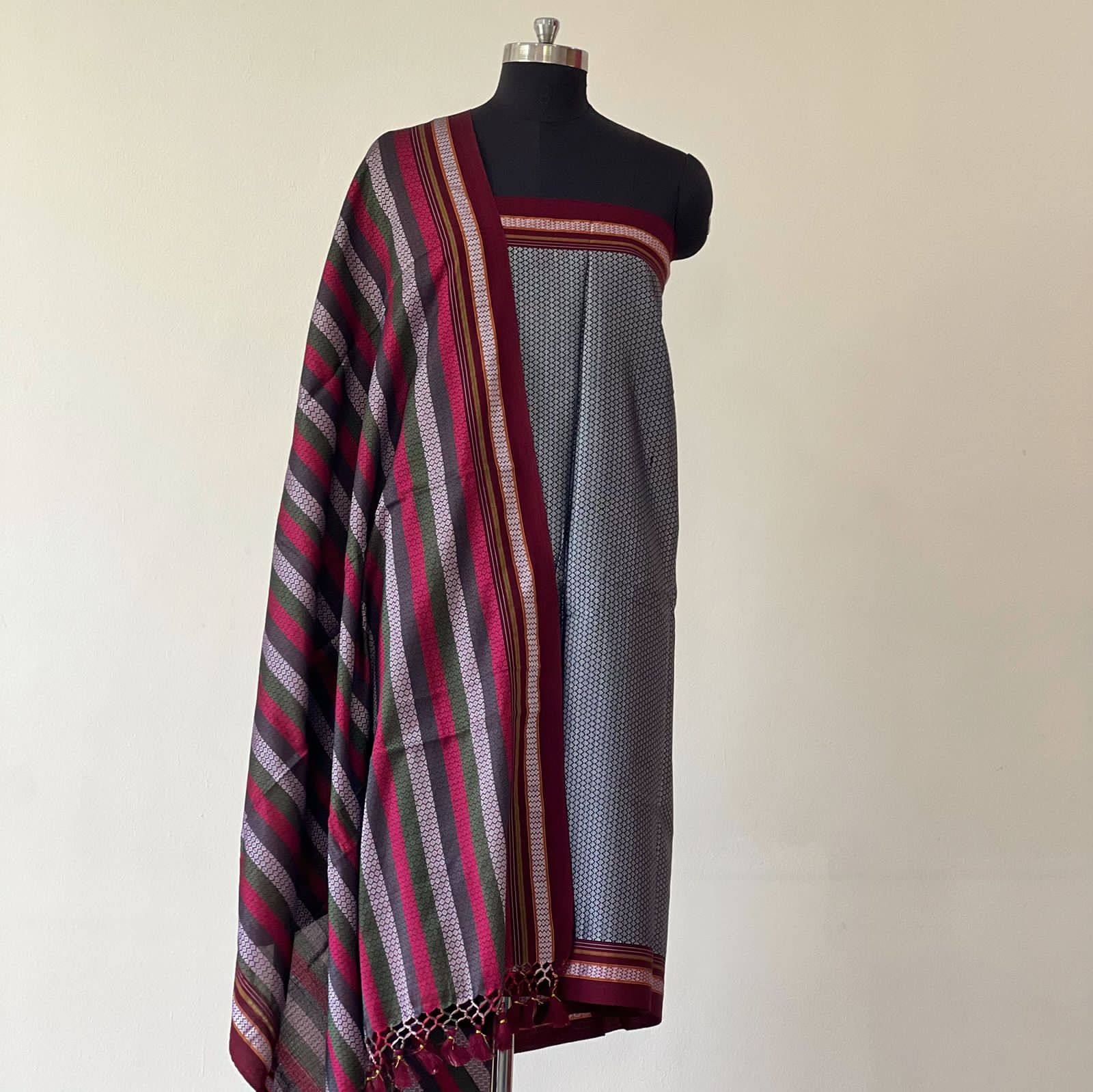 Grey with Maroon Border Suit (Unstitched) | Multicolour stripped dupatta
