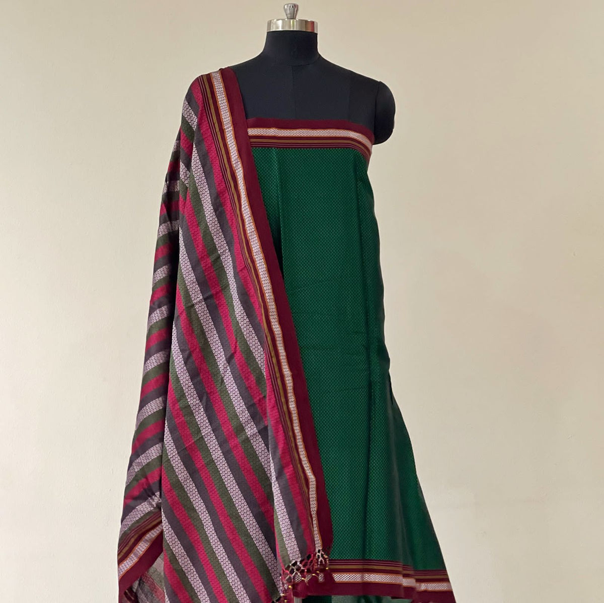 Green with Maroon Border Suit (Unstitched) | Multicolour Stripped Dupatta