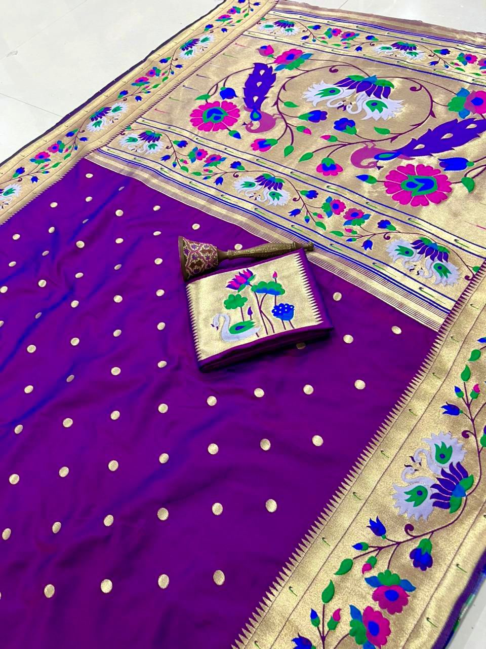 Peacock Pallu + Big Hans Border Semi Silk Paithani - Image 18