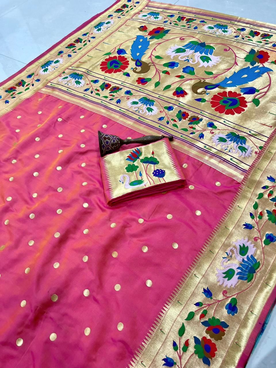 Peacock Pallu + Big Hans Border Semi Silk Paithani - Image 10