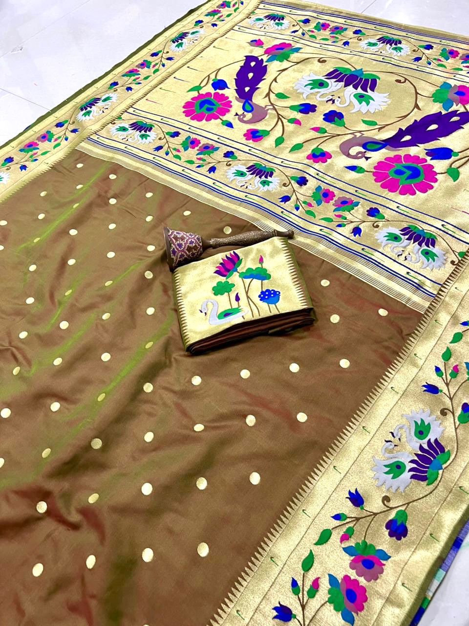 Peacock Pallu + Big Hans Border Semi Silk Paithani - Image 11