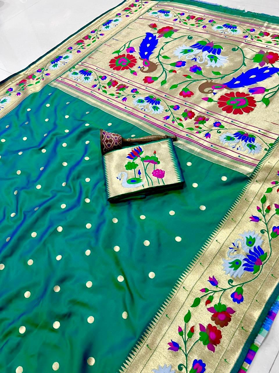Peacock Pallu + Big Hans Border Semi Silk Paithani - Image 4