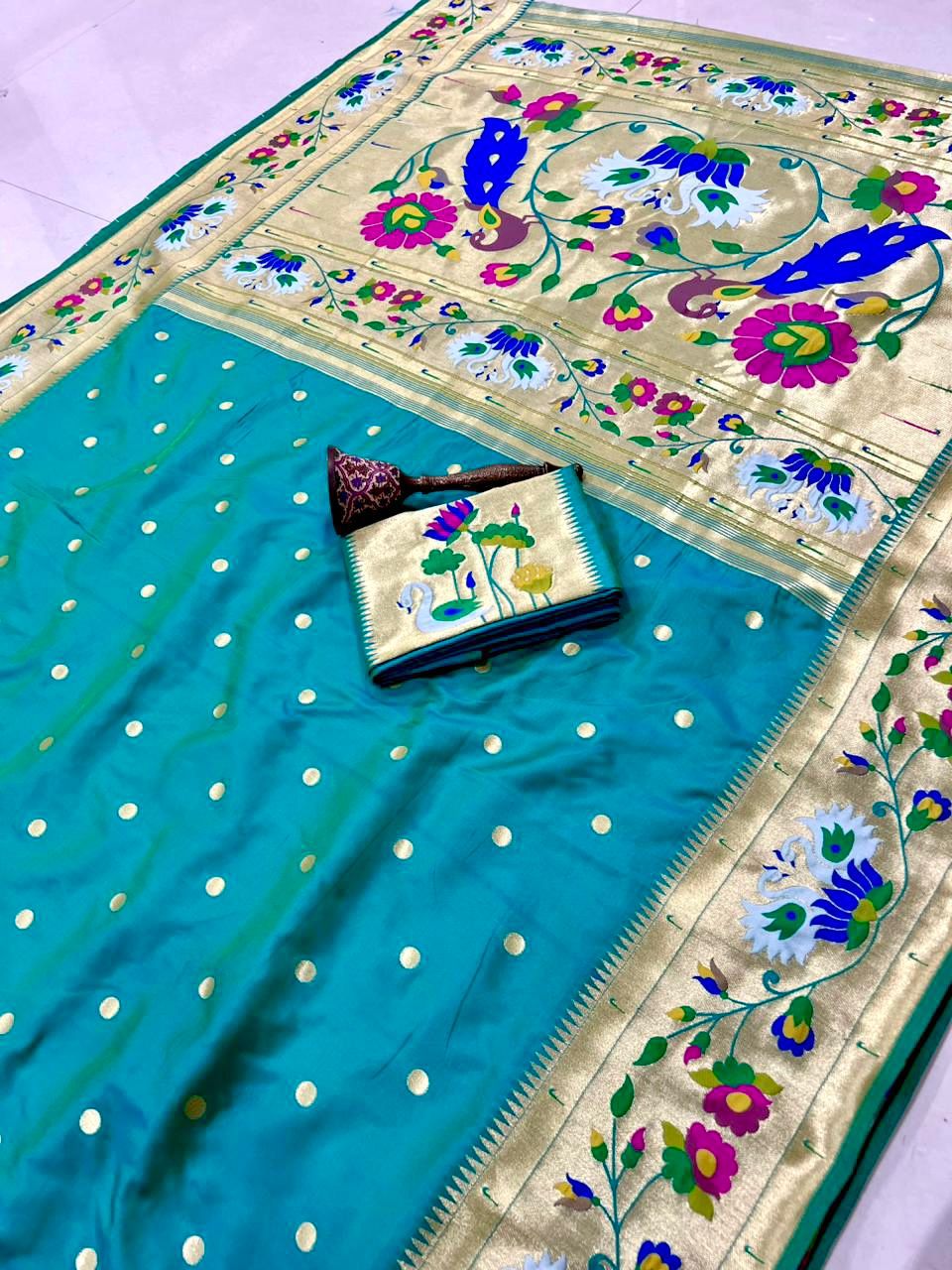 Peacock Pallu + Big Hans Border Semi Silk Paithani - Image 7