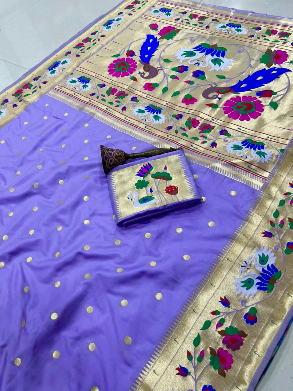 Peacock Pallu + Big Hans Border Semi Silk Paithani - Image 12