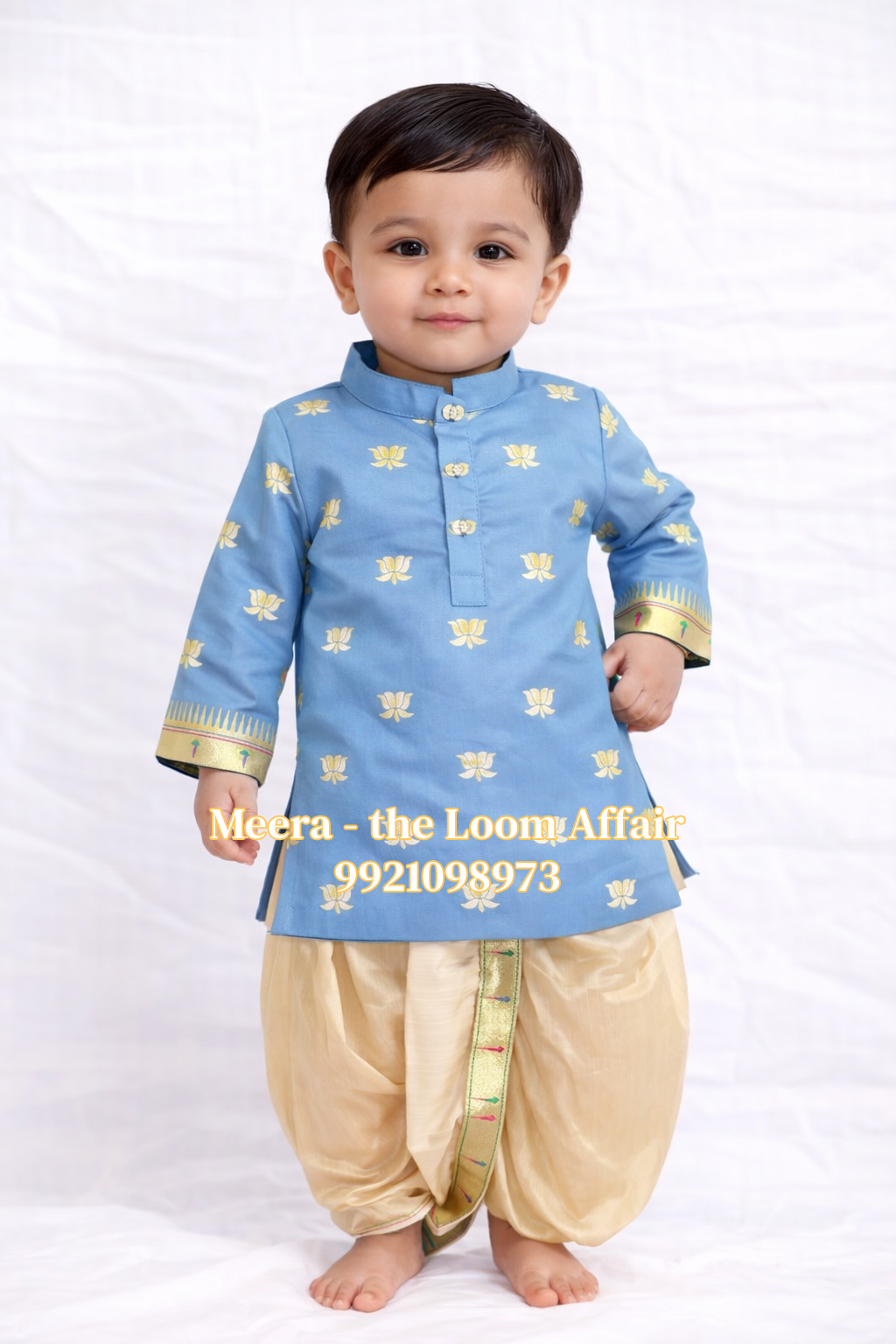 Lotus Butta Kurta with Gold Dhoti - Image 14