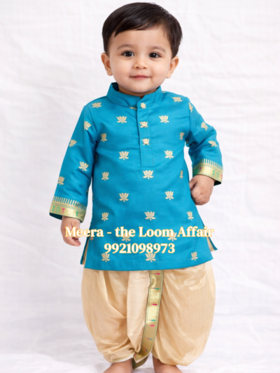 Lotus Butta Kurta with Gold Dhoti - 0-6-month, Blue