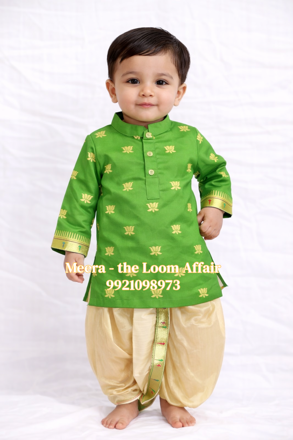 Lotus Butta Kurta with Gold Dhoti - Image 15