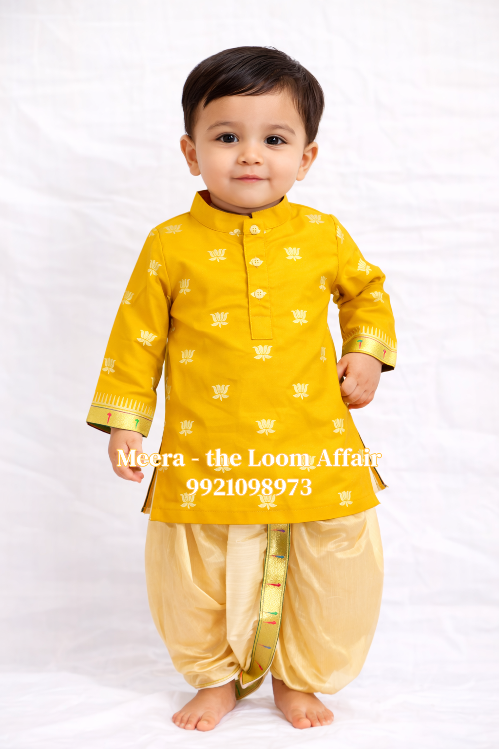 Lotus Butta Kurta with Gold Dhoti - Image 4