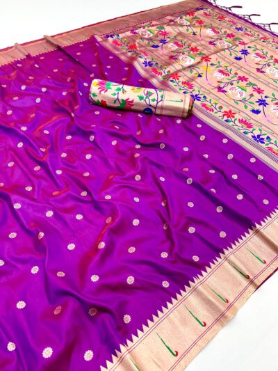 Flower Butti Muniya Border Lotus Swan Pallu - Dual Tone Purple
