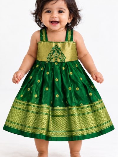 Kalanjali Paithani frock - Green, 0 To 6 Months