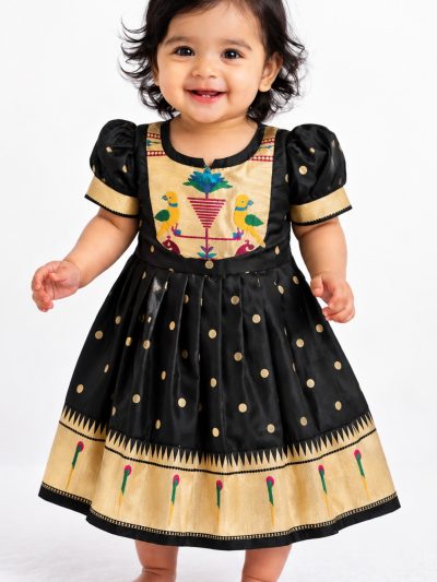 MorPopat Muniya Boarder Frock - Black, 0 To 6 Months